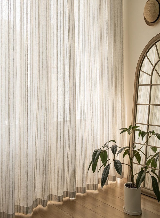 SUOUO Linen Textured Striped Semi-Sheer Curtains for Living Room 84 inches Long 2 Panels Rod Pocket Boho Light Filtering Window Drapes for Bedroom Dining - Image 4